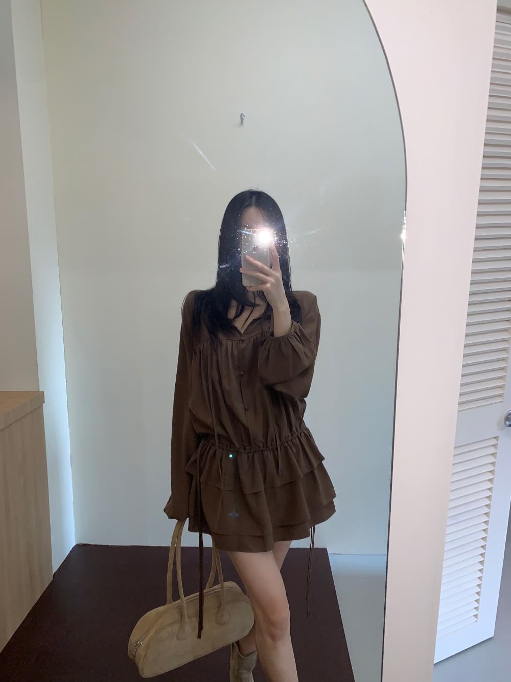재고 있음 ins 한국 동대문 가을 새로운 V넥 레이스업 펌프 로프 허리 수축 셔츠 드레스 상세 이미지 22