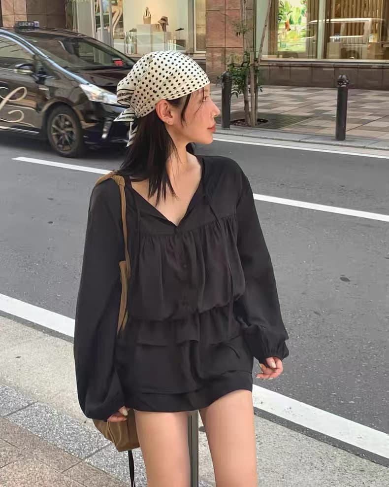 재고 있음 ins 한국 동대문 가을 새로운 V넥 레이스업 펌프 로프 허리 수축 셔츠 드레스 상세 이미지 26