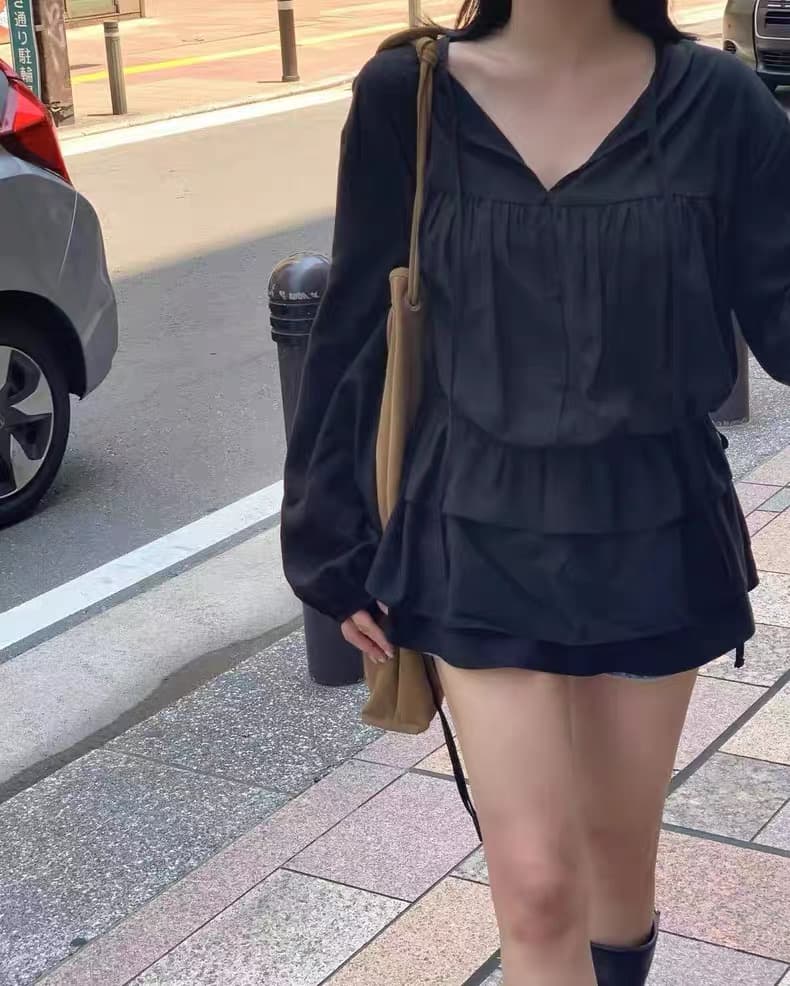 재고 있음 ins 한국 동대문 가을 새로운 V넥 레이스업 펌프 로프 허리 수축 셔츠 드레스 상세 이미지 27
