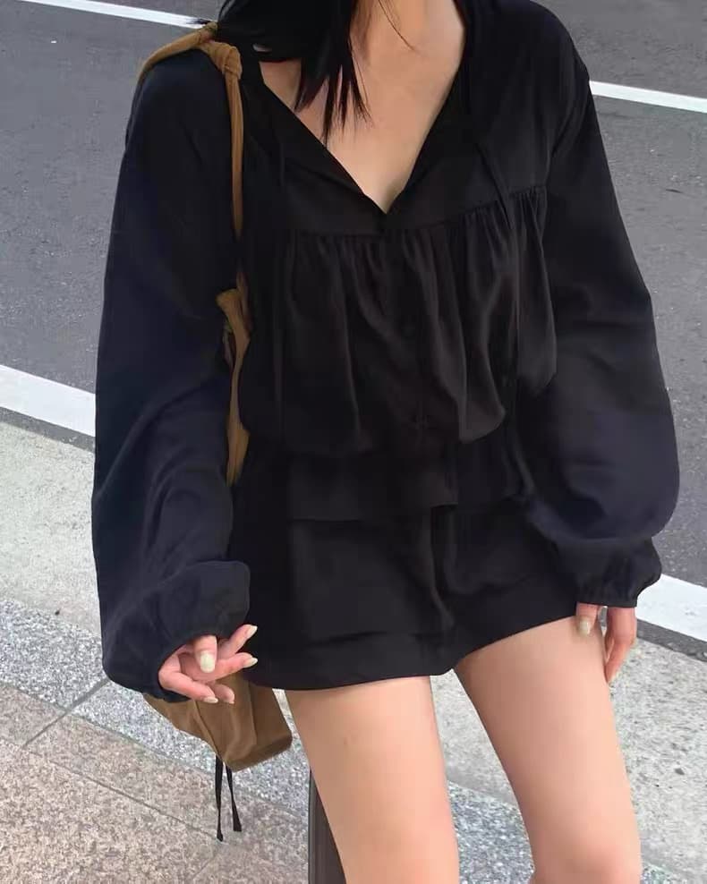 재고 있음 ins 한국 동대문 가을 새로운 V넥 레이스업 펌프 로프 허리 수축 셔츠 드레스 상세 이미지 31