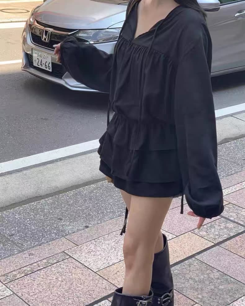 재고 있음 ins 한국 동대문 가을 새로운 V넥 레이스업 펌프 로프 허리 수축 셔츠 드레스 상세 이미지 32