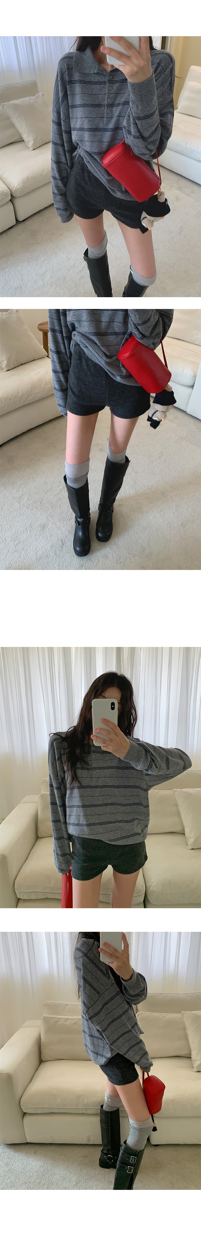 재고 있음 ins 한국 가을 새로운 학원 스타일 polo 폴로 칼라 스트라이프 루즈핏 니트 스웨터 소녀 스웨터 맨위 상세 이미지 4
