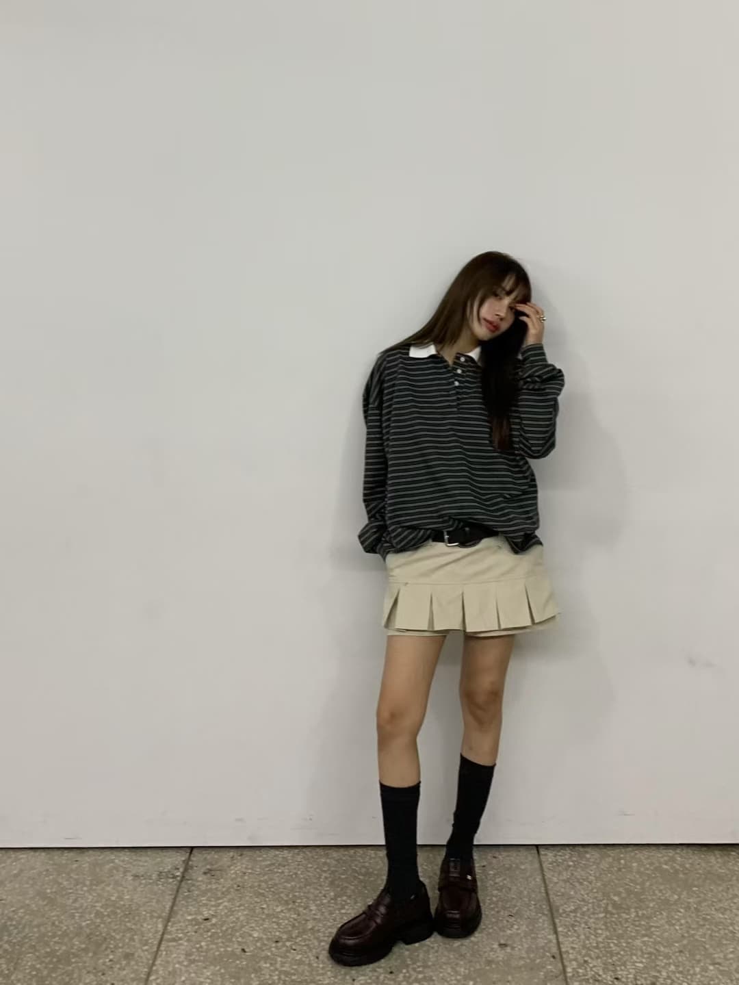재고 있음 ins 한국 새로운 둘 착용 세련된 개성 스트라이프 POLO 칼라 다용도 긴팔 티셔츠 투피스 조끼 상세 이미지 17