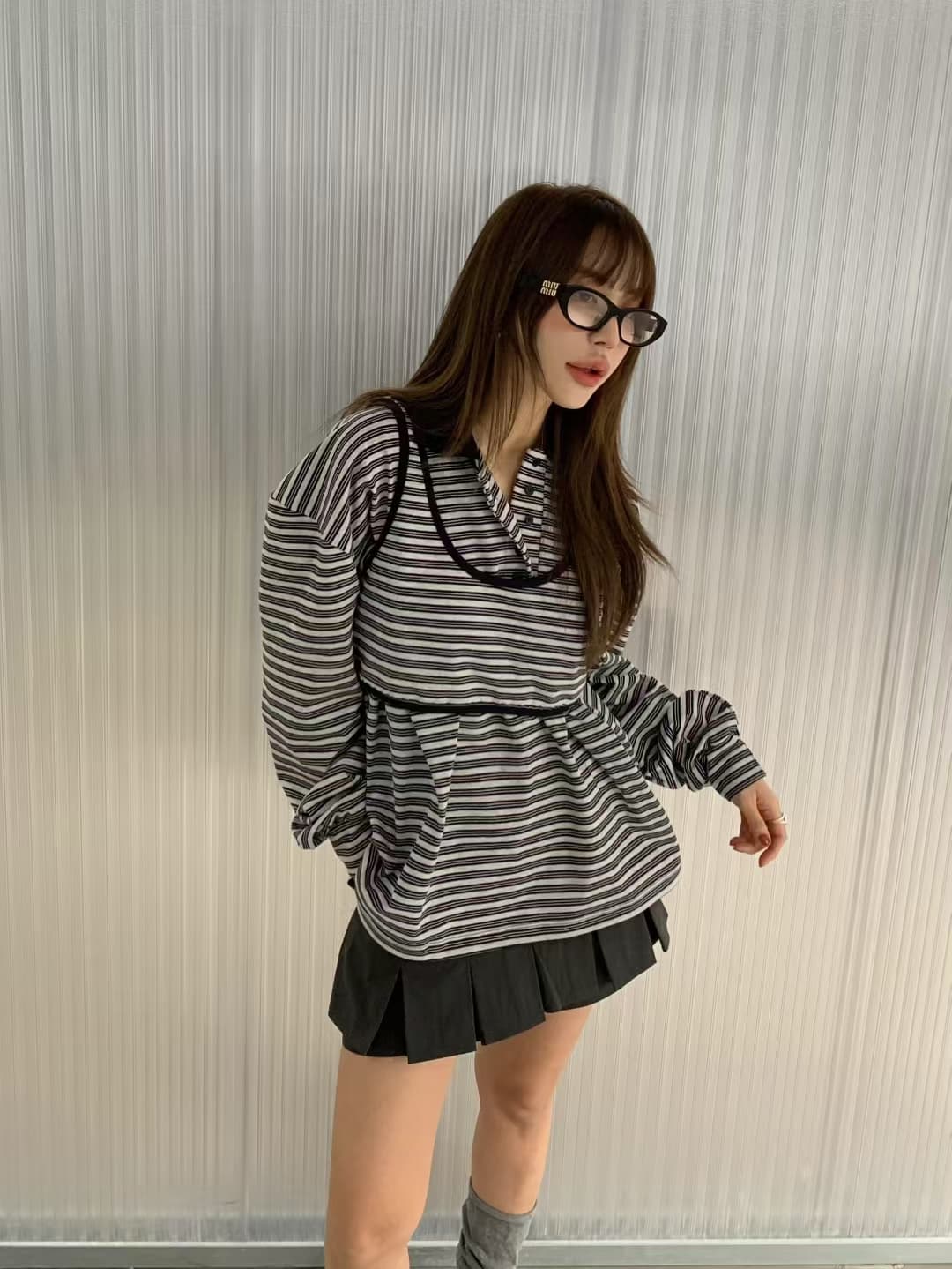 재고 있음 ins 한국 새로운 둘 착용 세련된 개성 스트라이프 POLO 칼라 다용도 긴팔 티셔츠 투피스 조끼 상세 이미지 26