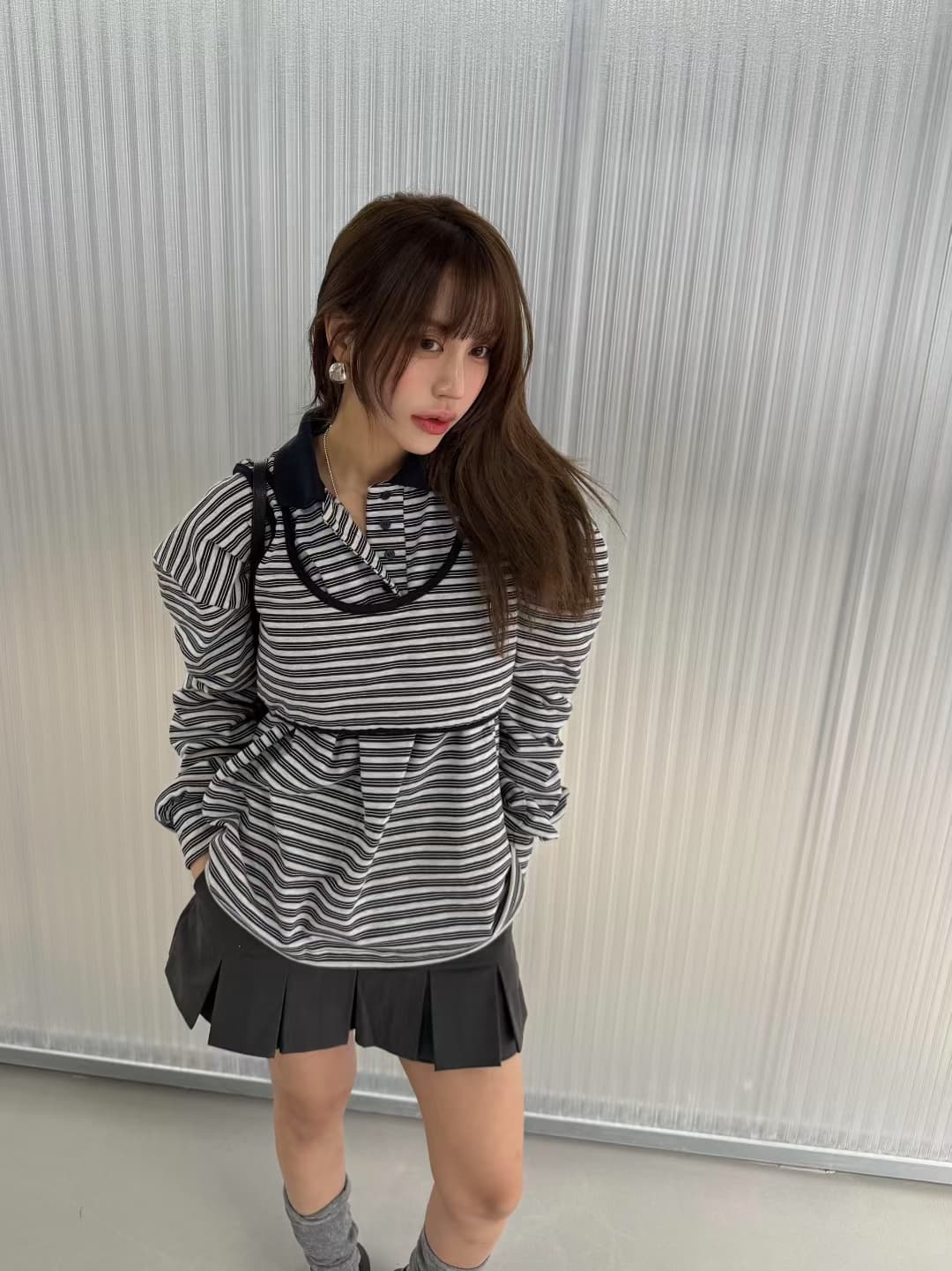 재고 있음 ins 한국 새로운 둘 착용 세련된 개성 스트라이프 POLO 칼라 다용도 긴팔 티셔츠 투피스 조끼 상세 이미지 27