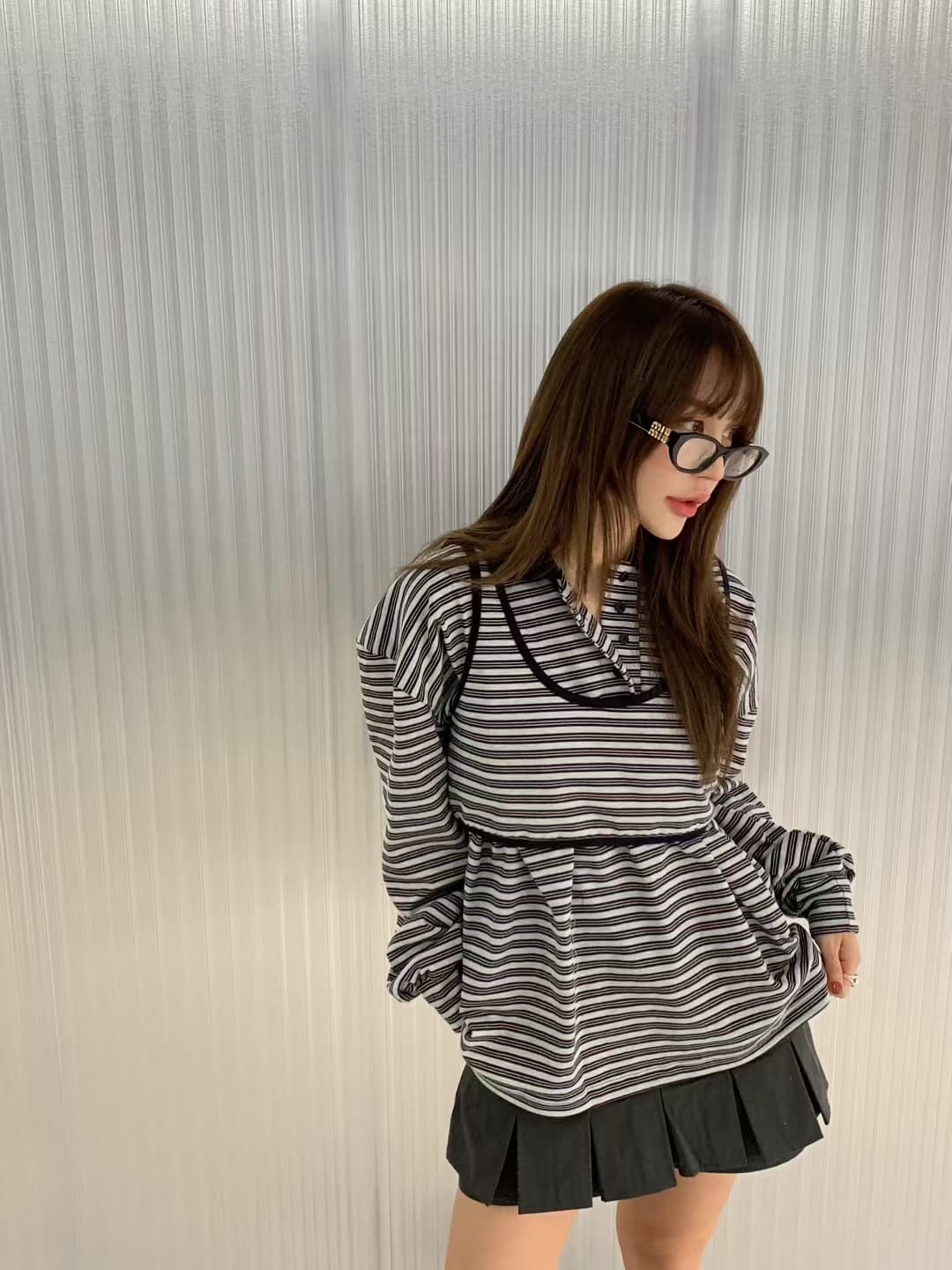 재고 있음 ins 한국 새로운 둘 착용 세련된 개성 스트라이프 POLO 칼라 다용도 긴팔 티셔츠 투피스 조끼 상세 이미지 31