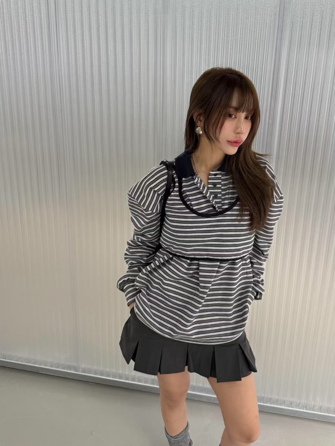 재고 있음 ins 한국 새로운 둘 착용 세련된 개성 스트라이프 POLO 칼라 다용도 긴팔 티셔츠 투피스 조끼 상세 이미지 32