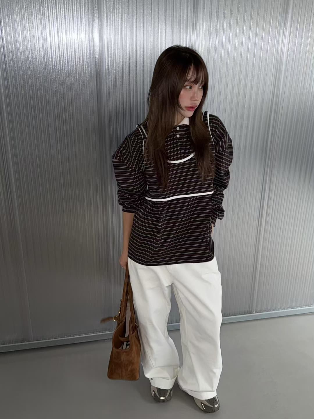 재고 있음 ins 한국 새로운 둘 착용 세련된 개성 스트라이프 POLO 칼라 다용도 긴팔 티셔츠 투피스 조끼 상세 이미지 9