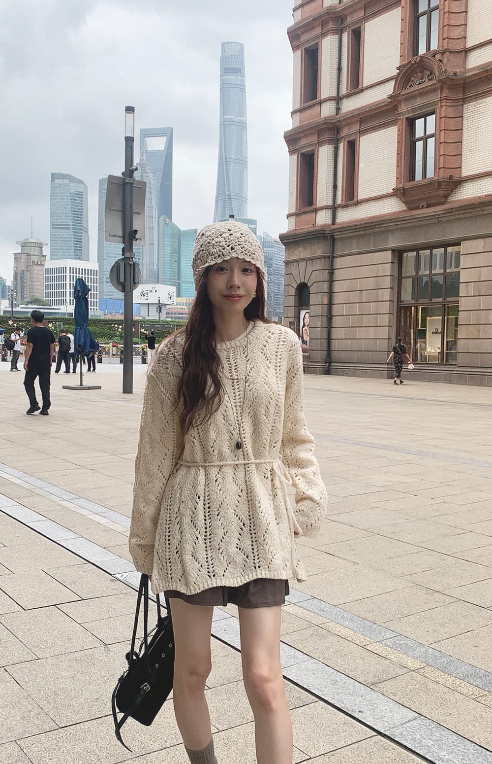재고 있음 ins 한국 동대문 레트로 달콤함 홀로우 아웃 중간 길이 스웨터 느긋한 바람 루즈핏 벨트 니트 스웨터 상세 이미지 50