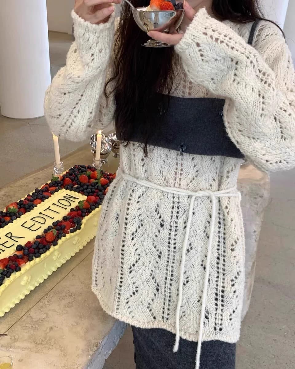 재고 있음 ins 한국 동대문 레트로 달콤함 홀로우 아웃 중간 길이 스웨터 느긋한 바람 루즈핏 벨트 니트 스웨터 상세 이미지 34