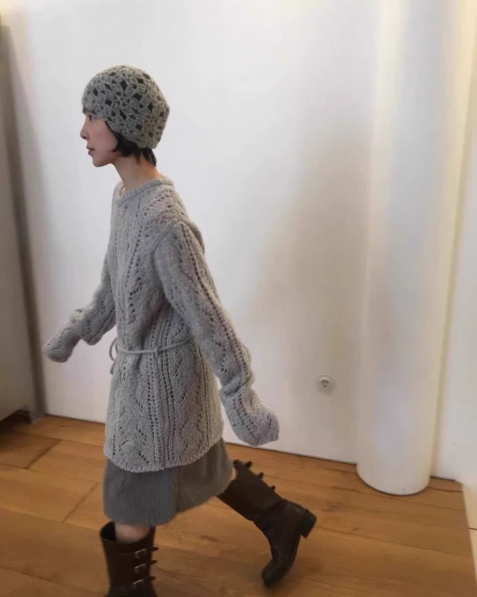재고 있음 ins 한국 동대문 레트로 달콤함 홀로우 아웃 중간 길이 스웨터 느긋한 바람 루즈핏 벨트 니트 스웨터 상세 이미지 38