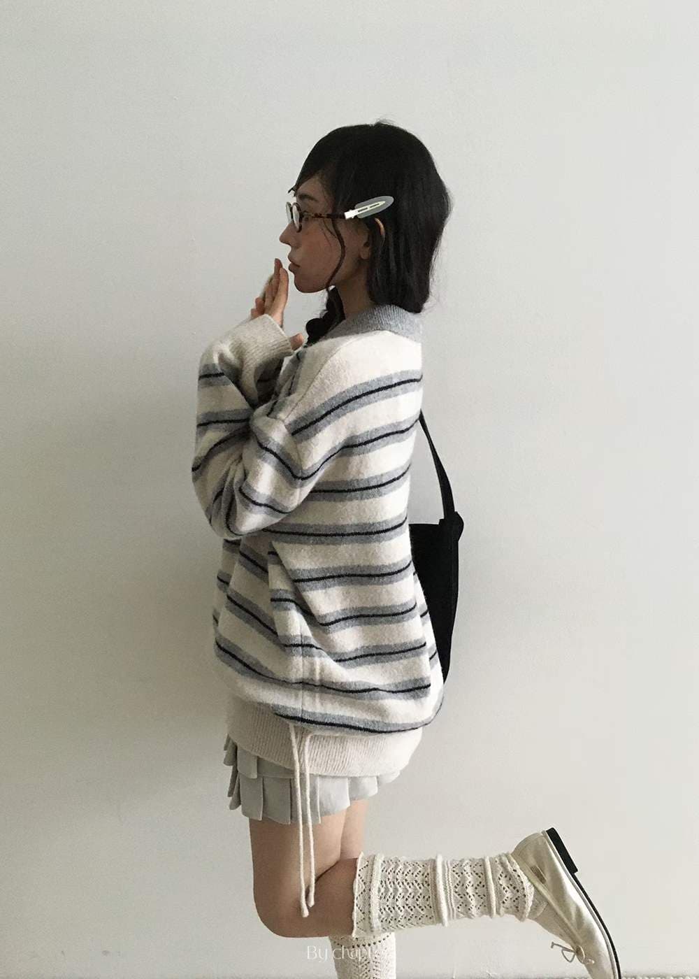 재고 있음 ins 한국 동대문 세련된 레트로 배색 스트라이프 느긋한 폴로 칼라 펌프 로프 수 있습니다. 조정 의류 긴 스웨터 상세 이미지 13