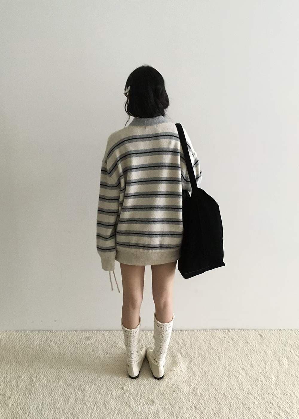 재고 있음 ins 한국 동대문 세련된 레트로 배색 스트라이프 느긋한 폴로 칼라 펌프 로프 수 있습니다. 조정 의류 긴 스웨터 상세 이미지 16