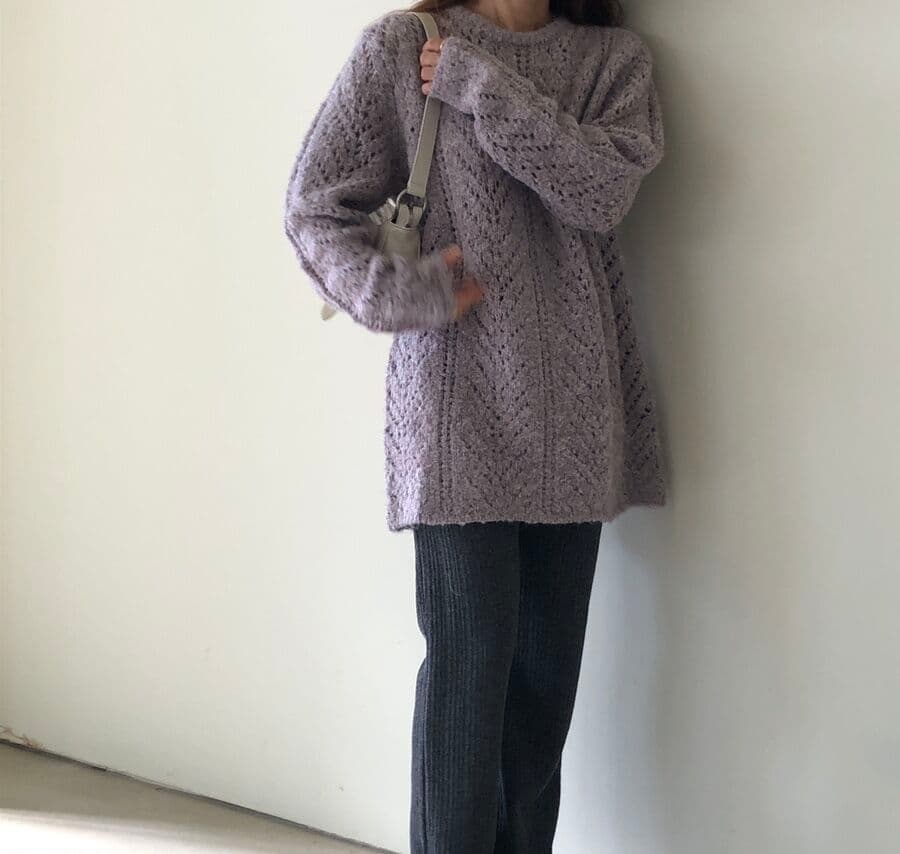재고 있음 ins 한국 동대문 레트로 달콤함 홀로우 아웃 중간 길이 스웨터 느긋한 바람 루즈핏 벨트 니트 스웨터 상세 이미지 15
