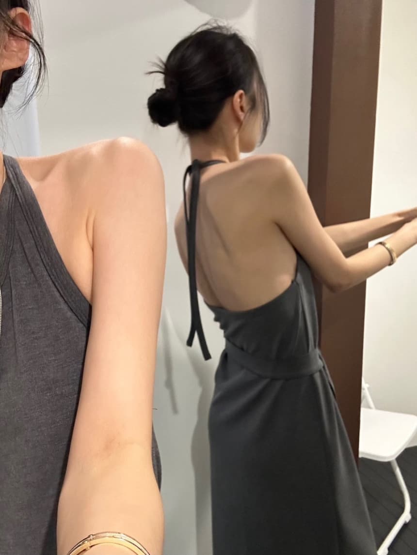 재고 있음 chic 한국 동대문 26 봄 여름 드레스 새로운 레이스업 행침 목 백리스 슬립 드레스 롱 스커트 상세 이미지 1