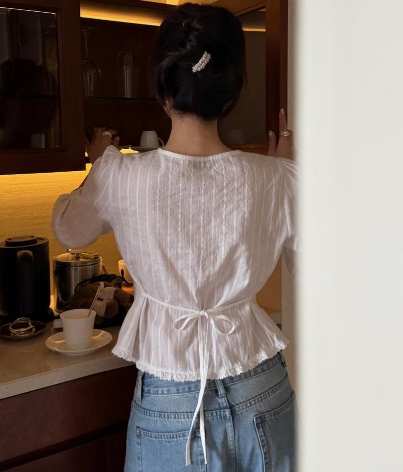 재고 있음 chic 한국 동대문 무거운 작업 주름 레이스 레이스 거품 소매 셔츠 다용도 디자인 센스 맨위 이미지 3