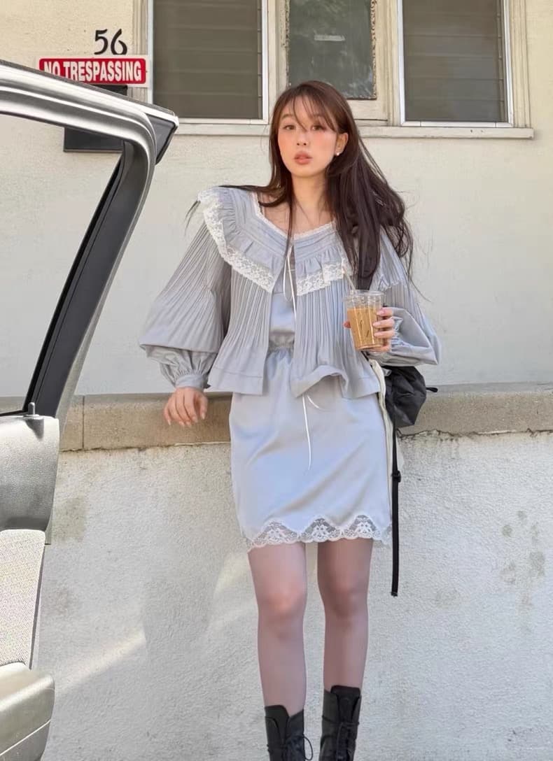 재고 있음 chic 한국 새로운 프랑스식 달콤함 레이스 레이스 스탠드 칼라 루즈핏 긴팔 여성 셔츠 상세 이미지 2