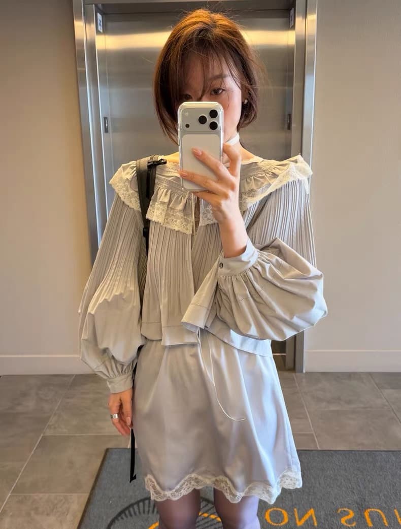 재고 있음 chic 한국 새로운 프랑스식 달콤함 레이스 레이스 스탠드 칼라 루즈핏 긴팔 여성 셔츠 상세 이미지 4