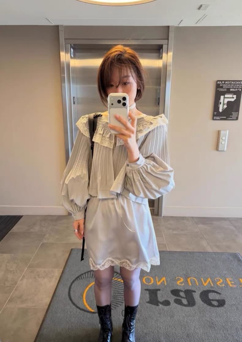 재고 있음 chic 한국 새로운 프랑스식 달콤함 레이스 레이스 스탠드 칼라 루즈핏 긴팔 여성 셔츠 상세 이미지 11