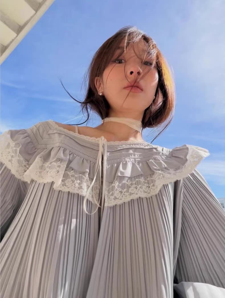 재고 있음 chic 한국 새로운 프랑스식 달콤함 레이스 레이스 스탠드 칼라 루즈핏 긴팔 여성 셔츠 상세 이미지 13