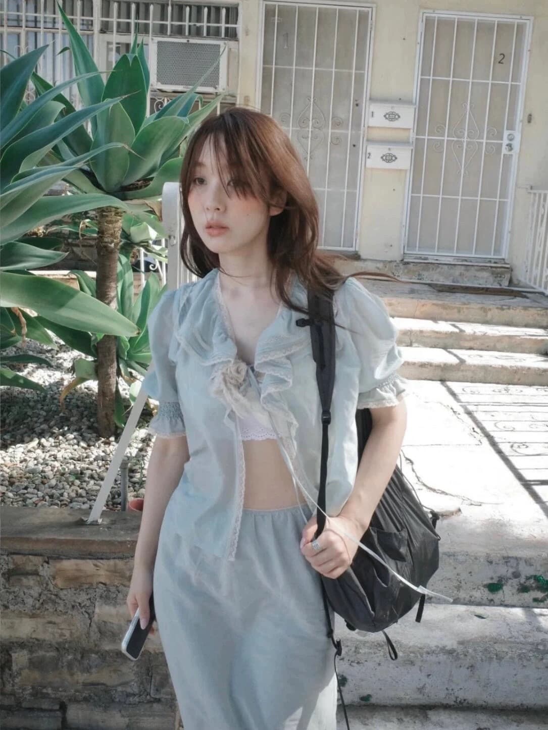 재고 있음 chic 한국 새로운 26 봄 여름 레이스업 베이비 칼라 거품 소매 셔츠 반 스커트 세트 상세 이미지 1