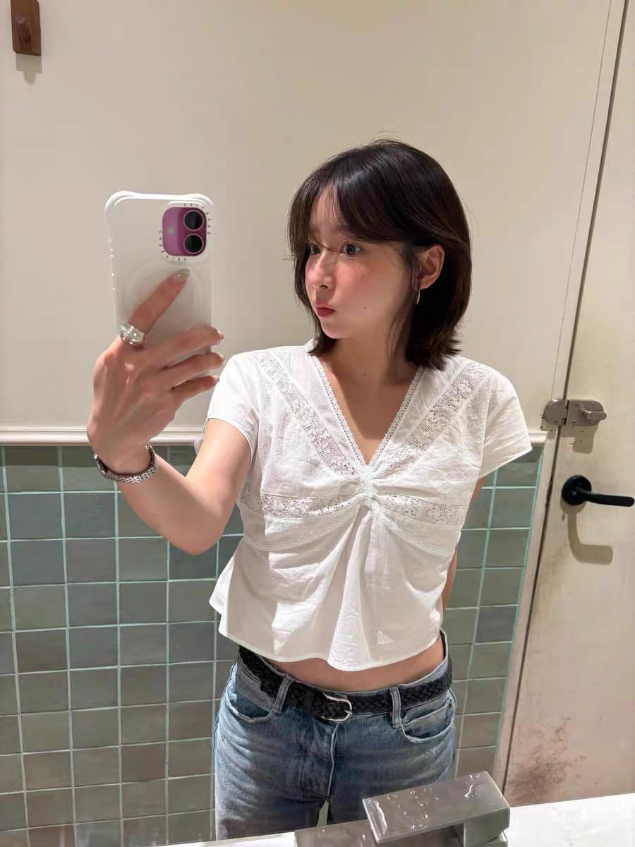 선적 중 암웨이 만 번 레이스 조각 V넥 반팔 셔츠 한 여성 얇고 가벼운 주름 화이트 쉬폰 블라우스 상세 이미지 2