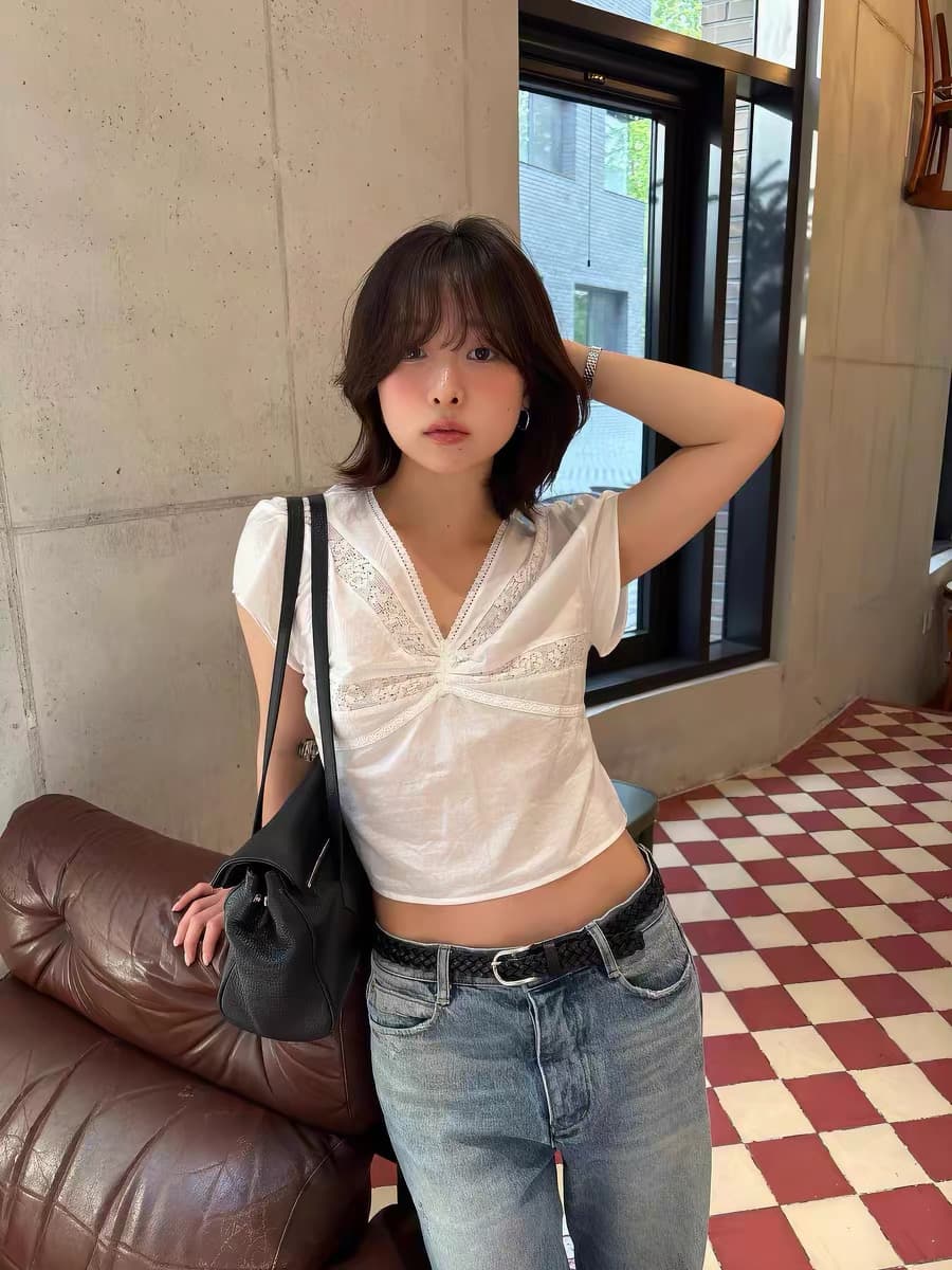 선적 중 암웨이 만 번 레이스 조각 V넥 반팔 셔츠 한 여성 얇고 가벼운 주름 화이트 쉬폰 블라우스 상세 이미지 3
