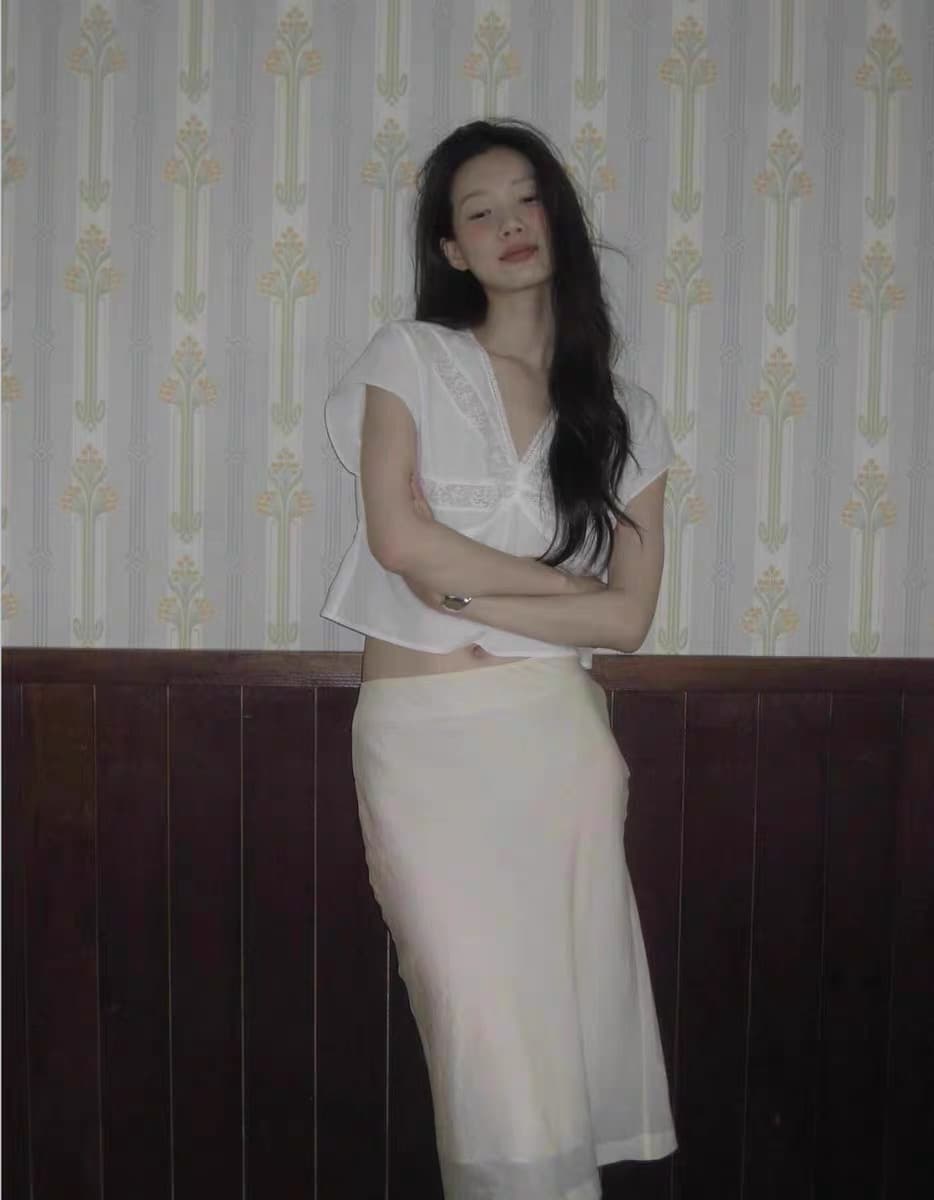 선적 중 암웨이 만 번 레이스 조각 V넥 반팔 셔츠 한 여성 얇고 가벼운 주름 화이트 쉬폰 블라우스 상세 이미지 9