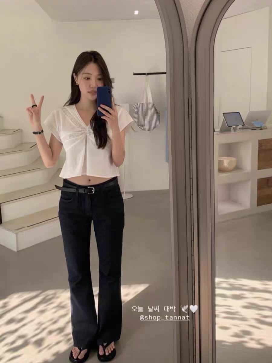 선적 중 암웨이 만 번 레이스 조각 V넥 반팔 셔츠 한 여성 얇고 가벼운 주름 화이트 쉬폰 블라우스 상세 이미지 24