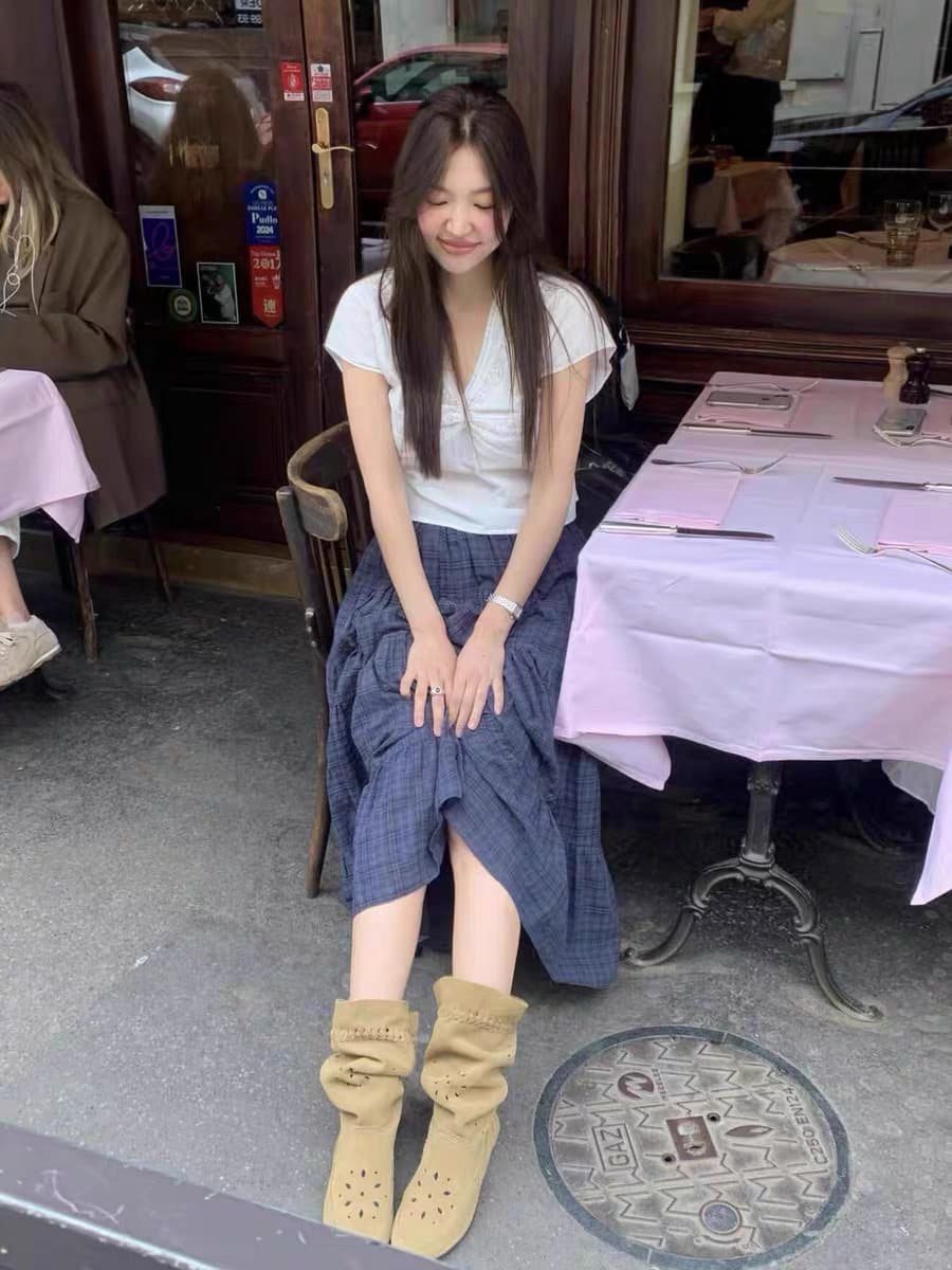 선적 중 암웨이 만 번 레이스 조각 V넥 반팔 셔츠 한 여성 얇고 가벼운 주름 화이트 쉬폰 블라우스 상세 이미지 26