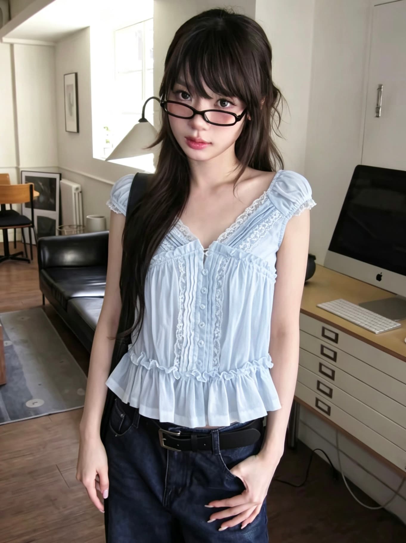 있음 선적 필요 한 조각 Jiaojiao ~ 중 프랑스식 레이스 기타 공예 V넥 백리스 청 ~을 통해 프릴 작은 셔츠