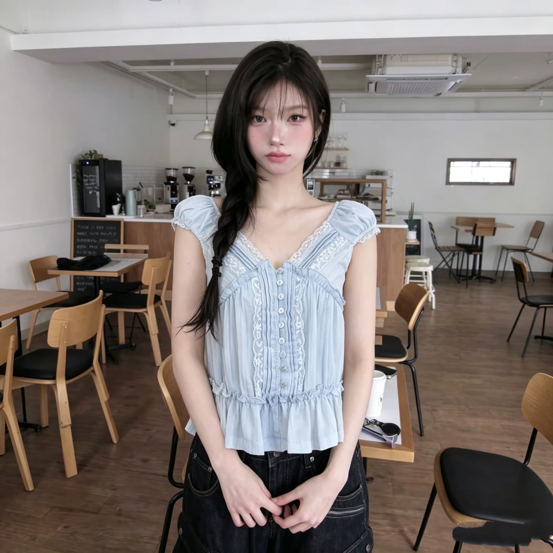있음 선적 필요 한 조각 Jiaojiao ~ 중 프랑스식 레이스 기타 공예 V넥 백리스 청 ~을 통해 프릴 작은 셔츠 상세 이미지 5