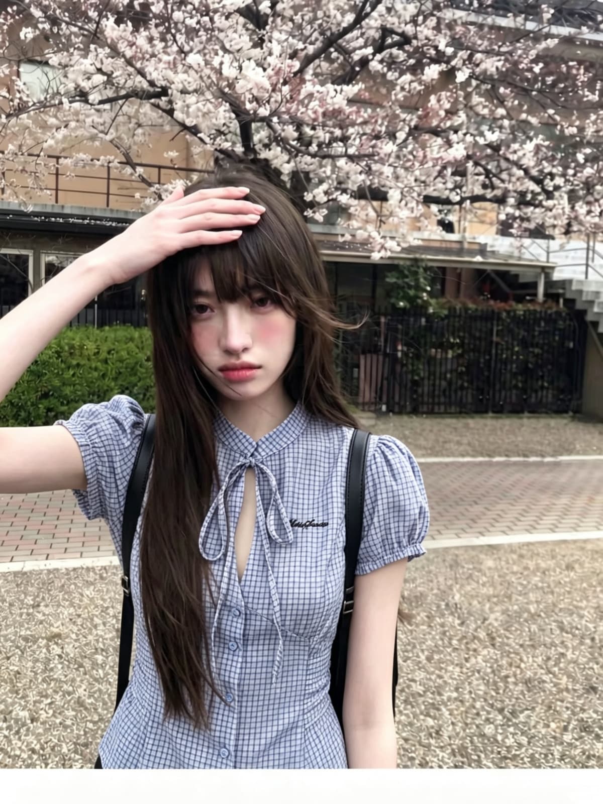 있음 선적 높은 품질 에디션 한 부서 체크무늬 반팔 여성 셔츠 여름 나비 매듭 홀로우 아웃 레이스업 허리 수축 셔츠 상세 이미지 2