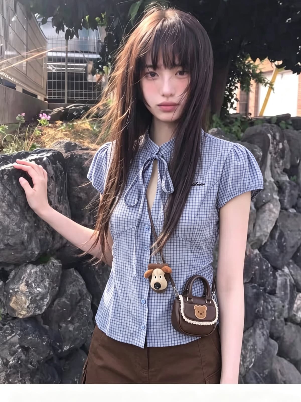 있음 선적 높은 품질 에디션 한 부서 체크무늬 반팔 여성 셔츠 여름 나비 매듭 홀로우 아웃 레이스업 허리 수축 셔츠 상세 이미지 3