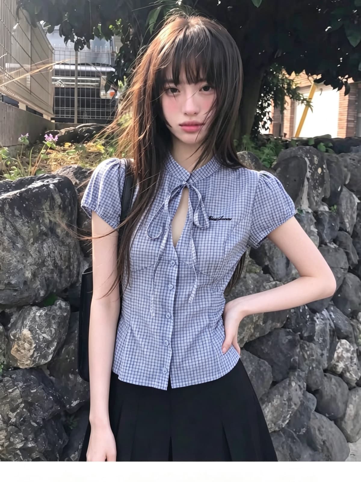 있음 선적 높은 품질 에디션 한 부서 체크무늬 반팔 여성 셔츠 여름 나비 매듭 홀로우 아웃 레이스업 허리 수축 셔츠 상세 이미지 4