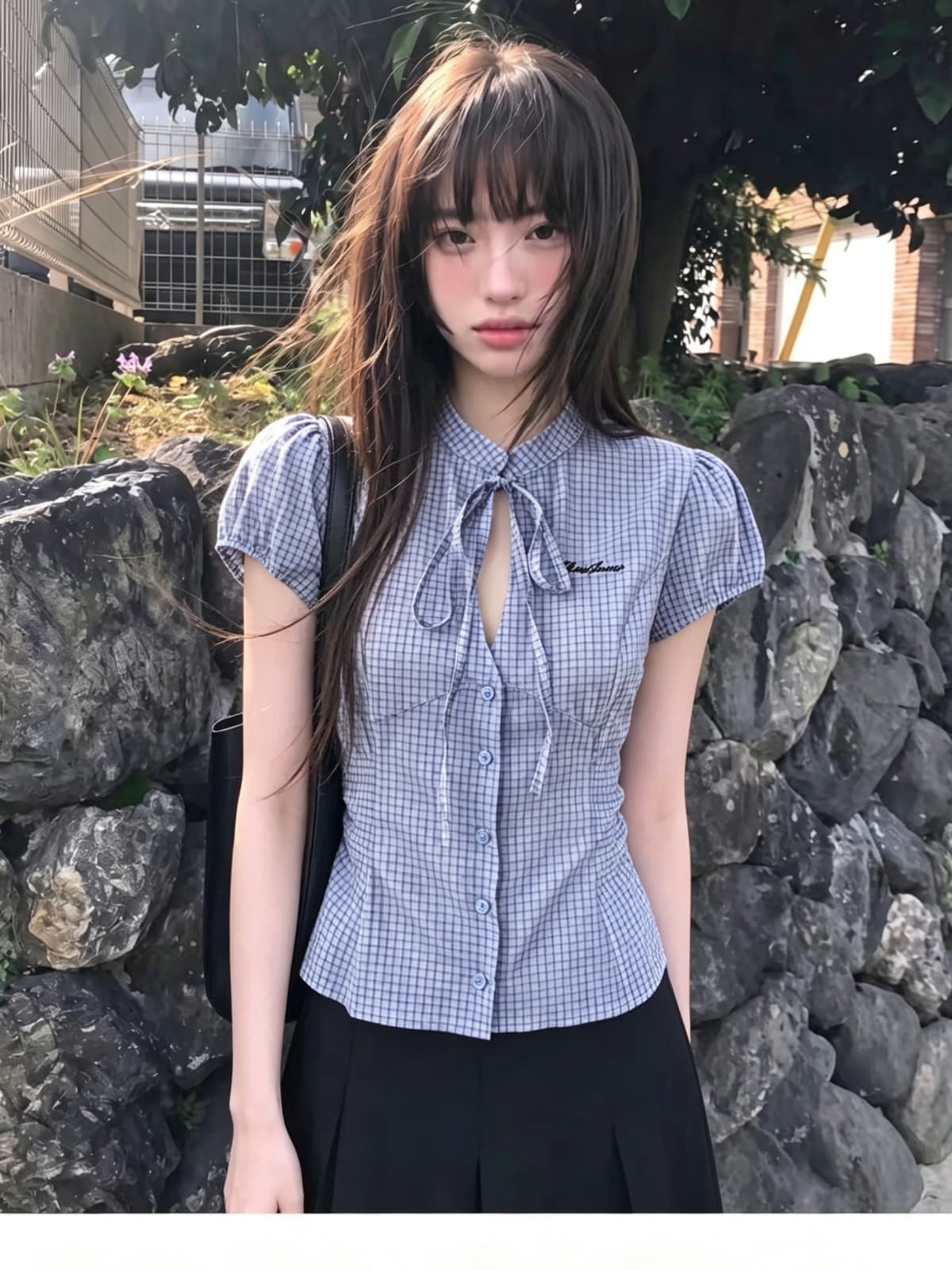 있음 선적 높은 품질 에디션 한 부서 체크무늬 반팔 여성 셔츠 여름 나비 매듭 홀로우 아웃 레이스업 허리 수축 셔츠 상세 이미지 5