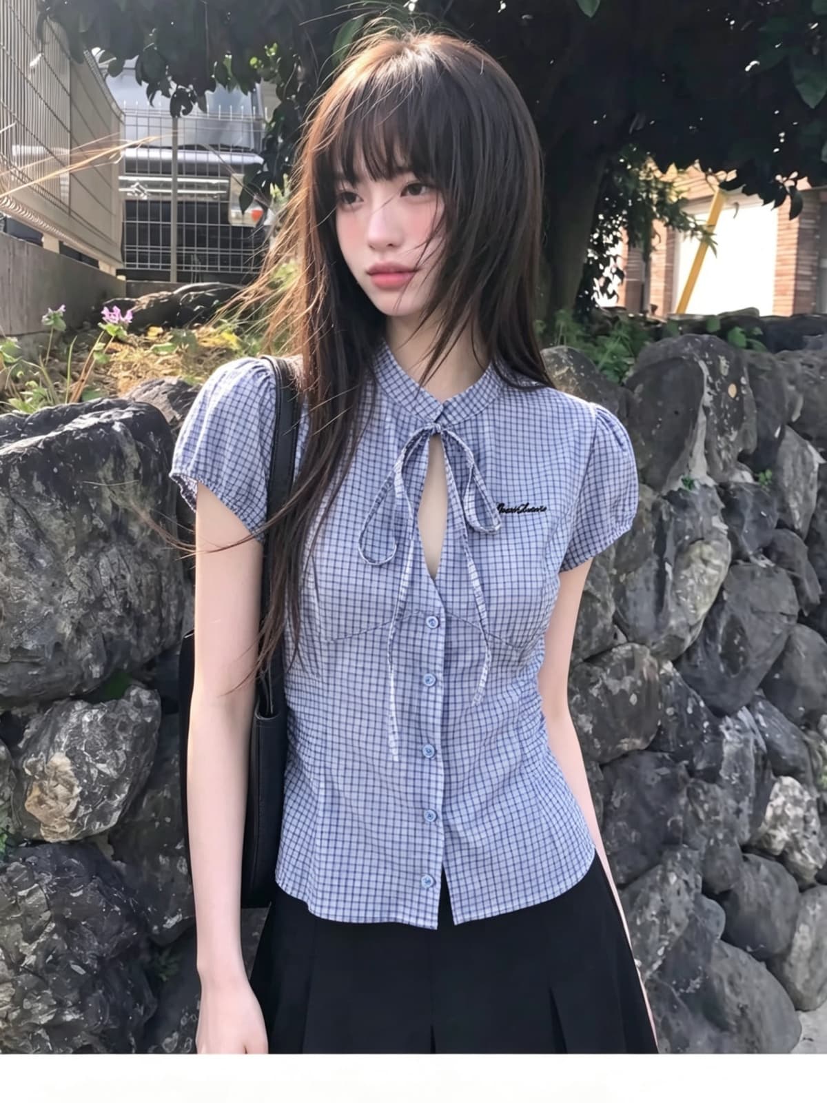 있음 선적 높은 품질 에디션 한 부서 체크무늬 반팔 여성 셔츠 여름 나비 매듭 홀로우 아웃 레이스업 허리 수축 셔츠 상세 이미지 6