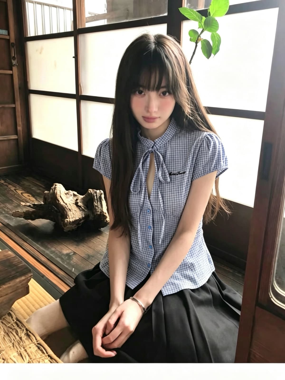 있음 선적 높은 품질 에디션 한 부서 체크무늬 반팔 여성 셔츠 여름 나비 매듭 홀로우 아웃 레이스업 허리 수축 셔츠 상세 이미지 8