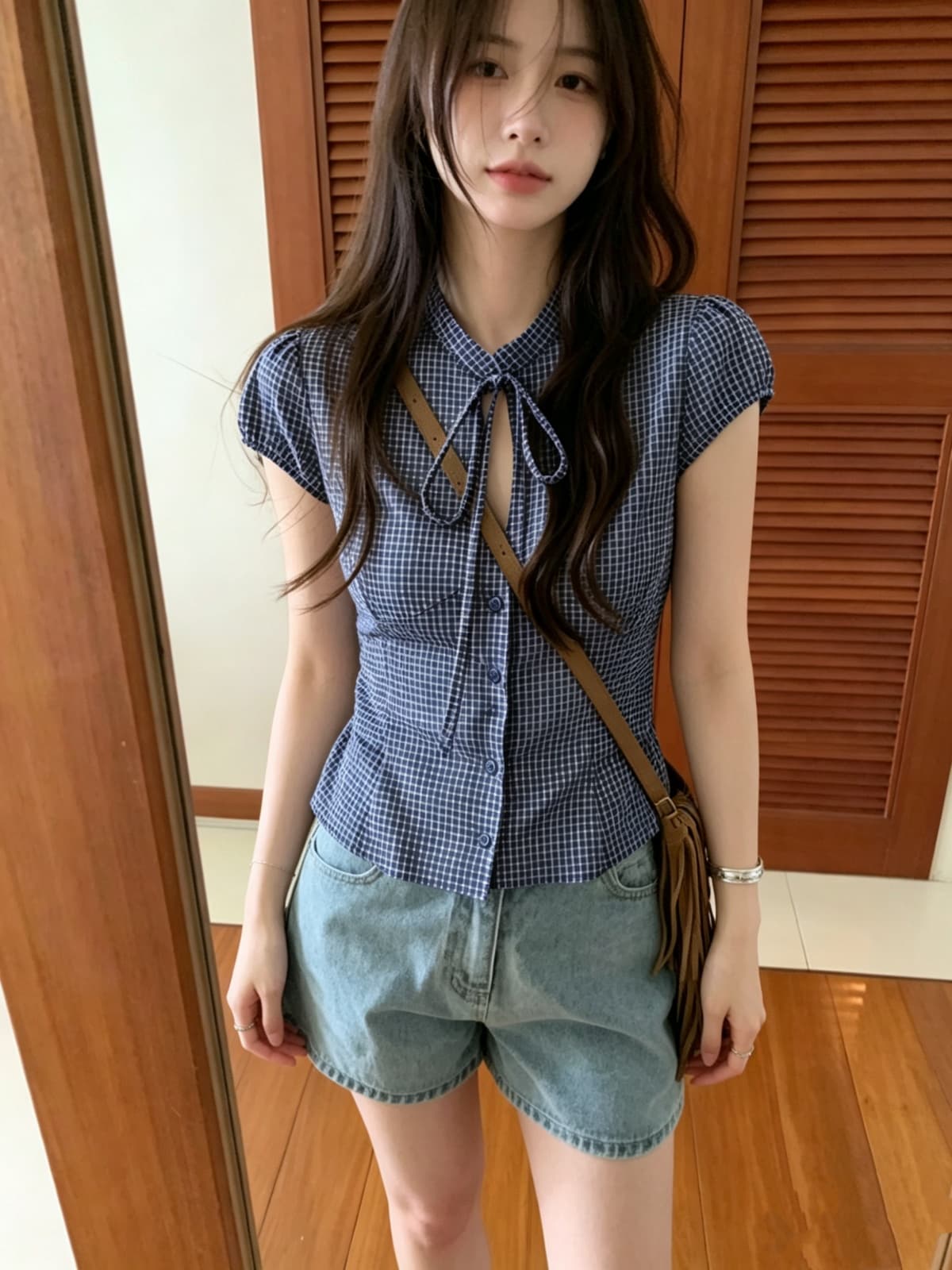 있음 선적 높은 품질 에디션 한 부서 체크무늬 반팔 여성 셔츠 여름 나비 매듭 홀로우 아웃 레이스업 허리 수축 셔츠 상세 이미지 13