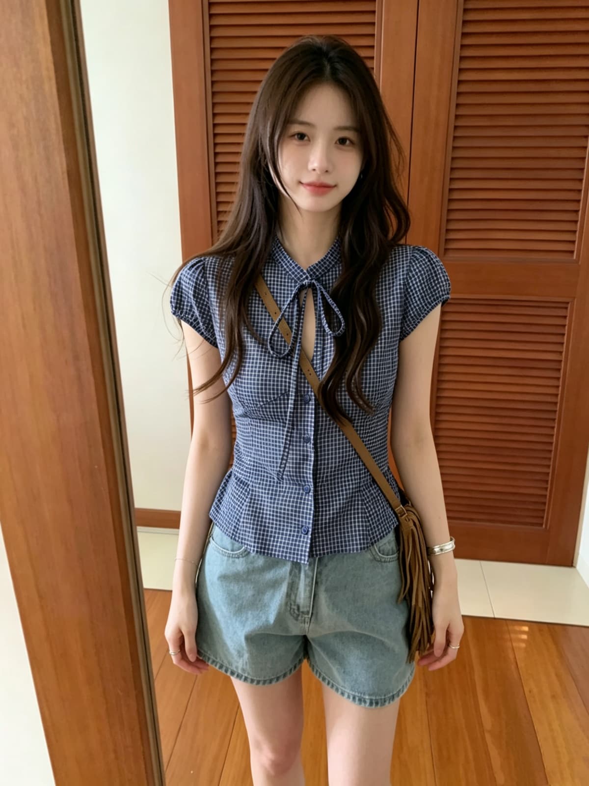 있음 선적 높은 품질 에디션 한 부서 체크무늬 반팔 여성 셔츠 여름 나비 매듭 홀로우 아웃 레이스업 허리 수축 셔츠 상세 이미지 14