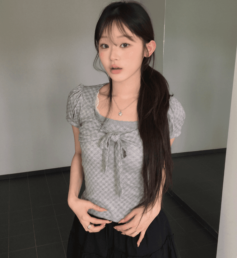 있음 선적 달콤함 소녀 한국 동대문 26 여름 부드러운 자매 한 부서 나비 매듭 끈 반팔 체크무늬 맨위 이미지 3