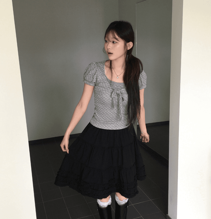 있음 선적 달콤함 소녀 한국 동대문 26 여름 부드러운 자매 한 부서 나비 매듭 끈 반팔 체크무늬 맨위 상세 이미지 6