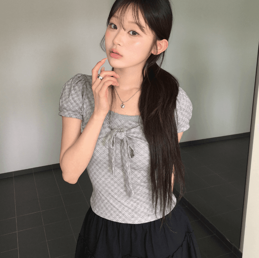 있음 선적 달콤함 소녀 한국 동대문 26 여름 부드러운 자매 한 부서 나비 매듭 끈 반팔 체크무늬 맨위 상세 이미지 14