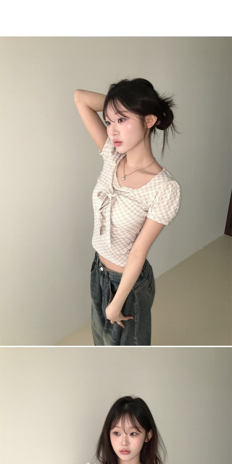있음 선적 달콤함 소녀 한국 동대문 26 여름 부드러운 자매 한 부서 나비 매듭 끈 반팔 체크무늬 맨위 상세 이미지 22