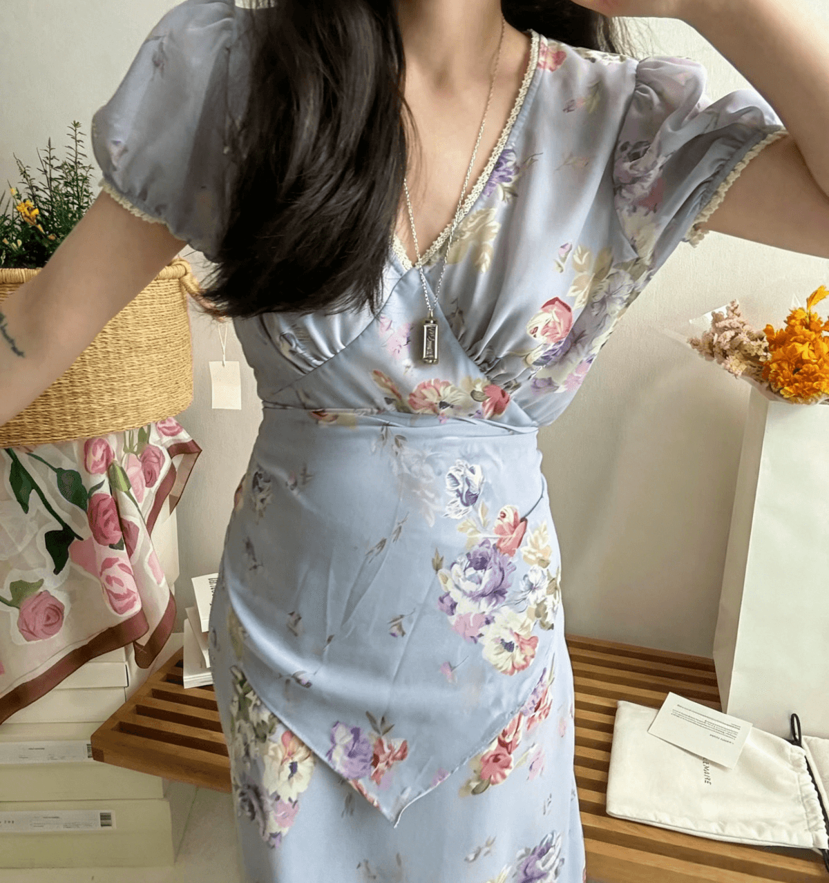 chic 한국 동대문 여름 새로운 26 달콤함 부드러운 꽃 V넥 레이스 레이스 반팔 드레스 상세 이미지 7