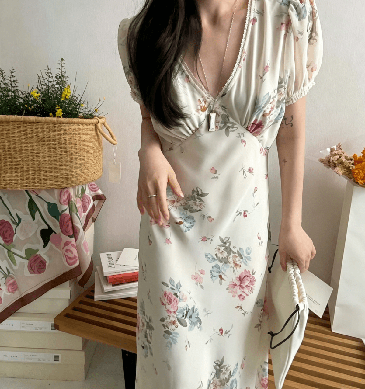 chic 한국 동대문 여름 새로운 26 달콤함 부드러운 꽃 V넥 레이스 레이스 반팔 드레스 상세 이미지 21