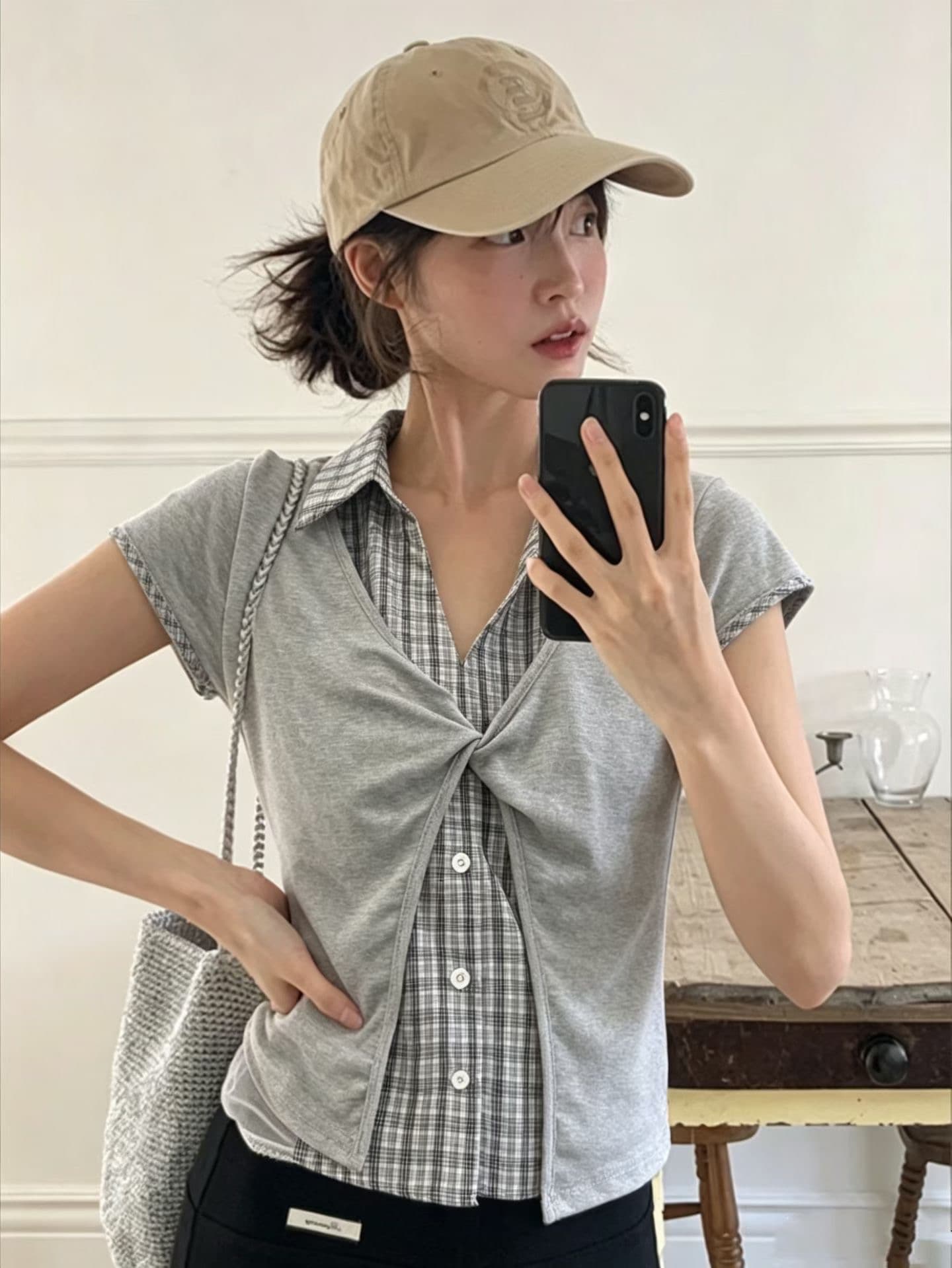 있음 선적 한 부서 학원 스타일 배색 반팔 몸매 가꾸기 패치워크 체크무늬 여성 셔츠 상세 이미지 1