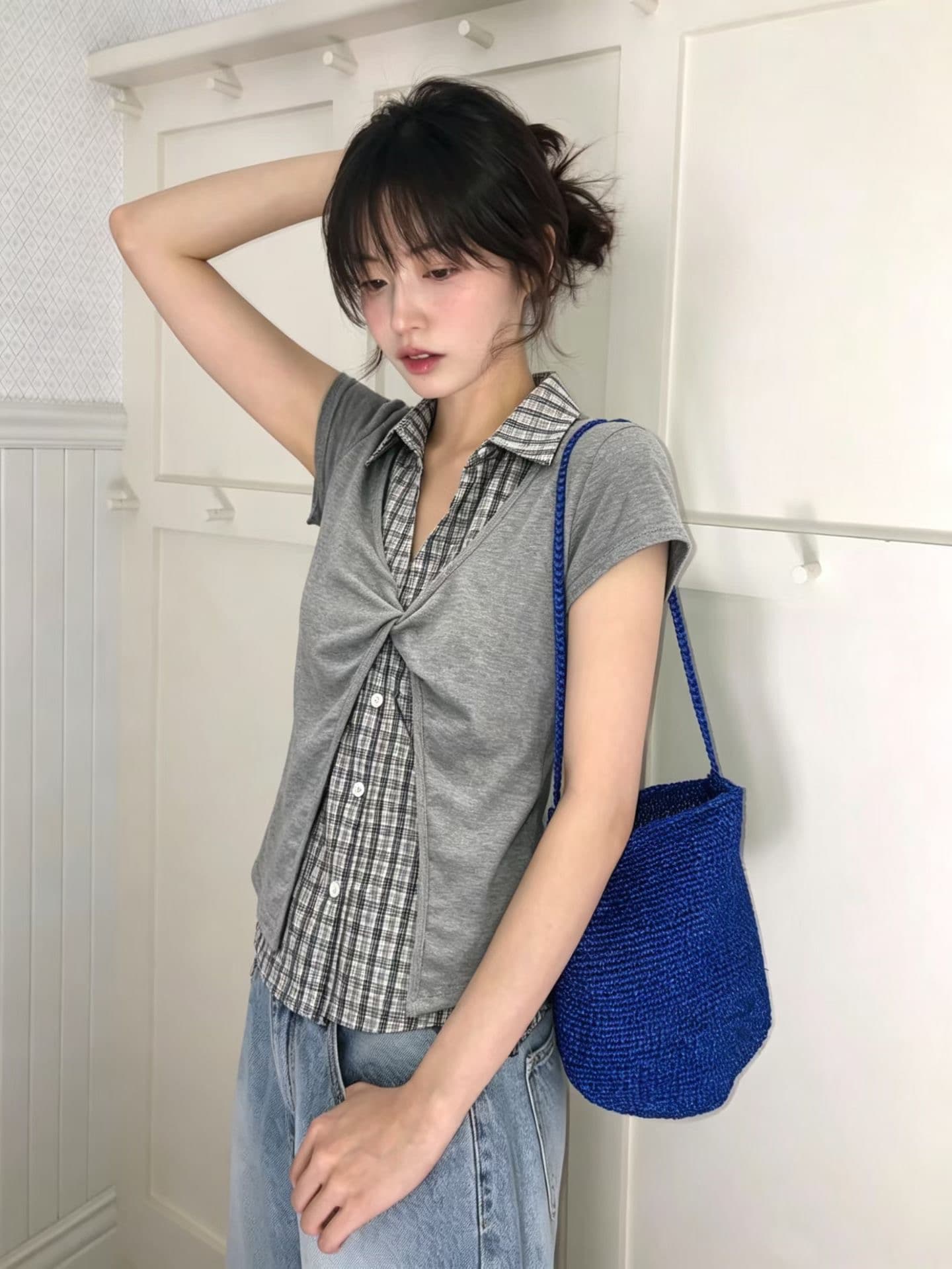 있음 선적 한 부서 학원 스타일 배색 반팔 몸매 가꾸기 패치워크 체크무늬 여성 셔츠 상세 이미지 3