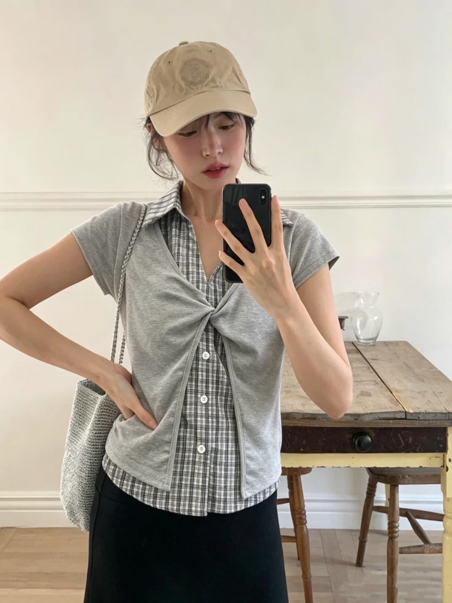 있음 선적 한 부서 학원 스타일 배색 반팔 몸매 가꾸기 패치워크 체크무늬 여성 셔츠 상세 이미지 4