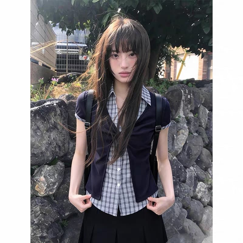 있음 선적 한 부서 학원 스타일 배색 반팔 몸매 가꾸기 패치워크 체크무늬 여성 셔츠 상세 이미지 6